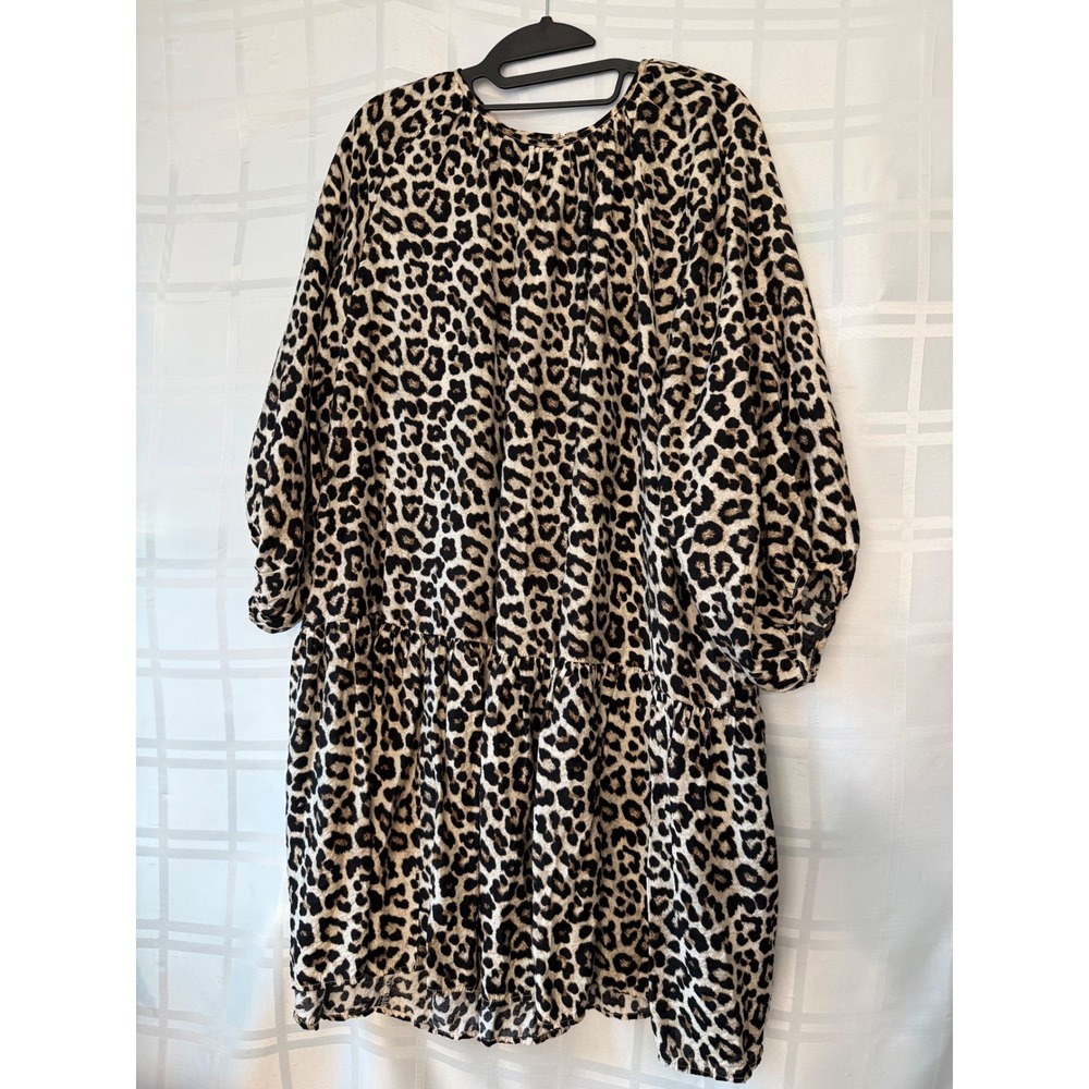 Leopard Print Tiered Babydoll Tunic Dress Puff Sleeve Animal Print Tan Black